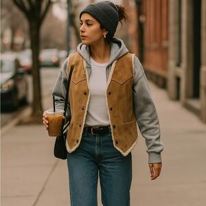 Vintage Steer Brand Suede Sherpa-Lined Western Vest | Made in USA | Tan/Camel